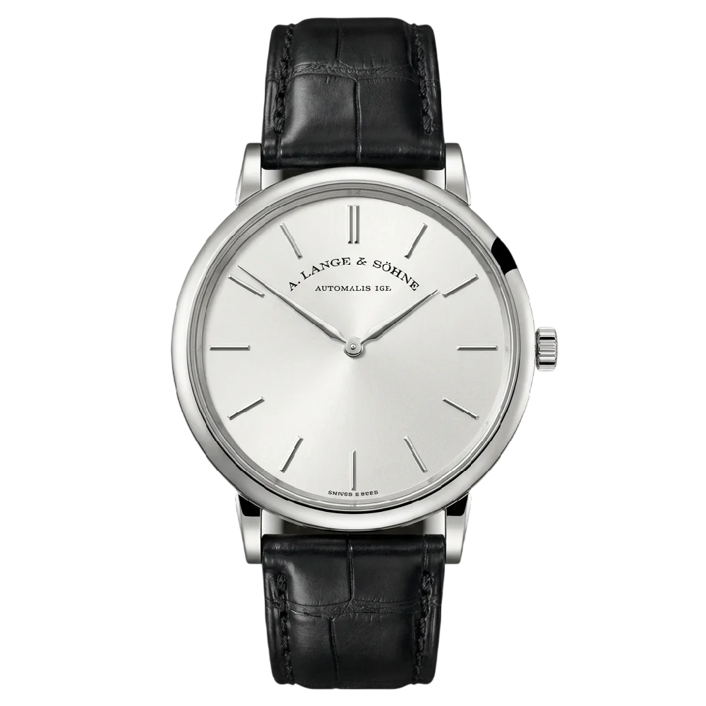 Luxe A. Lange & Söhne Saxonia horloge met gouden kast en lederen band.
