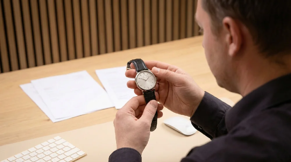 Persoonlijke ontmoeting in kantoor, horloge wordt getaxeerd door expert.