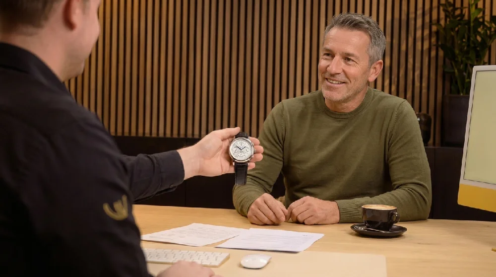 Man vult formulier in op tablet voor horloge verpanding