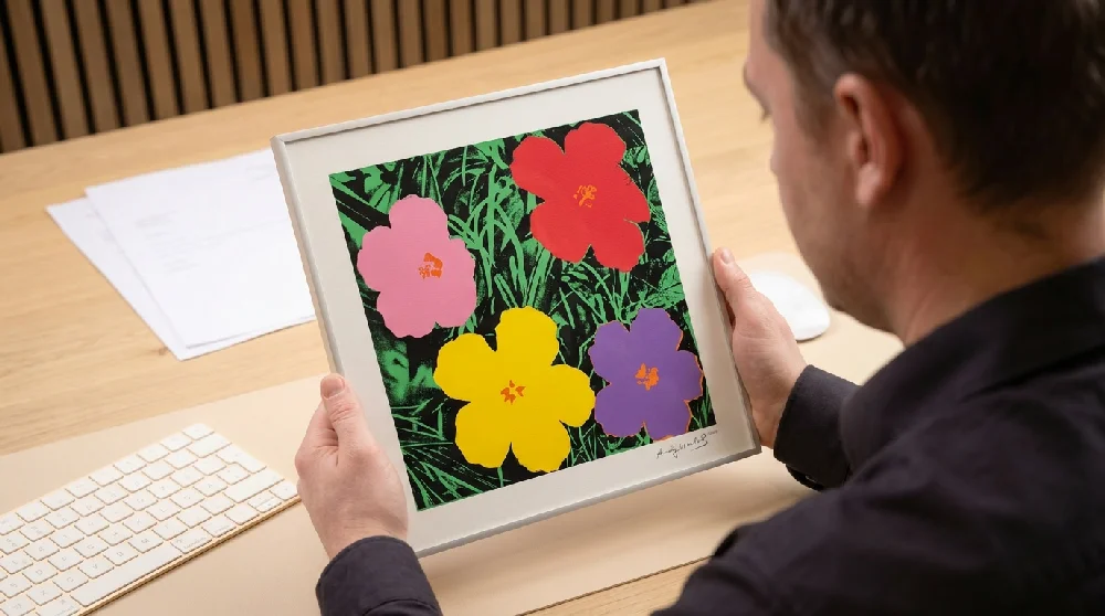 Expert taxeert een Andy Warhol Screen Print zorgvuldig in een kantoor