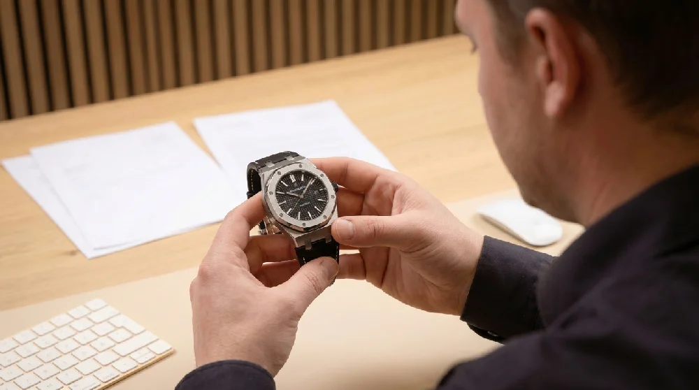 Persoon bekijkt Audemars Piguet horloge tijdens afspraak.
