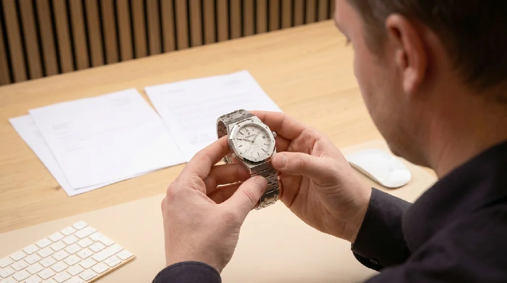 Horloge-expert beoordeelt een Audemars Piguet Royal Oak met een loep