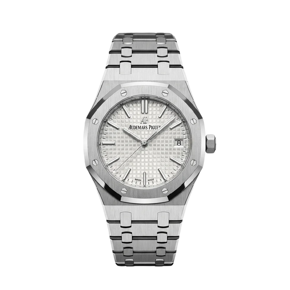 Close-up van een Audemars Piguet Royal Oak horloge op een donkere achtergrond