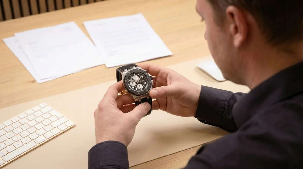 Horlogemaker taxeert een Audemars Piguet Royal Oak Offshore op een tafel