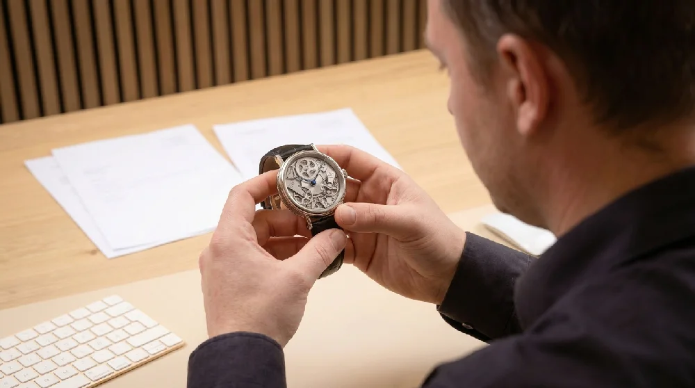 Horlogemaker inspecteert een Breguet horloge tijdens taxatie.