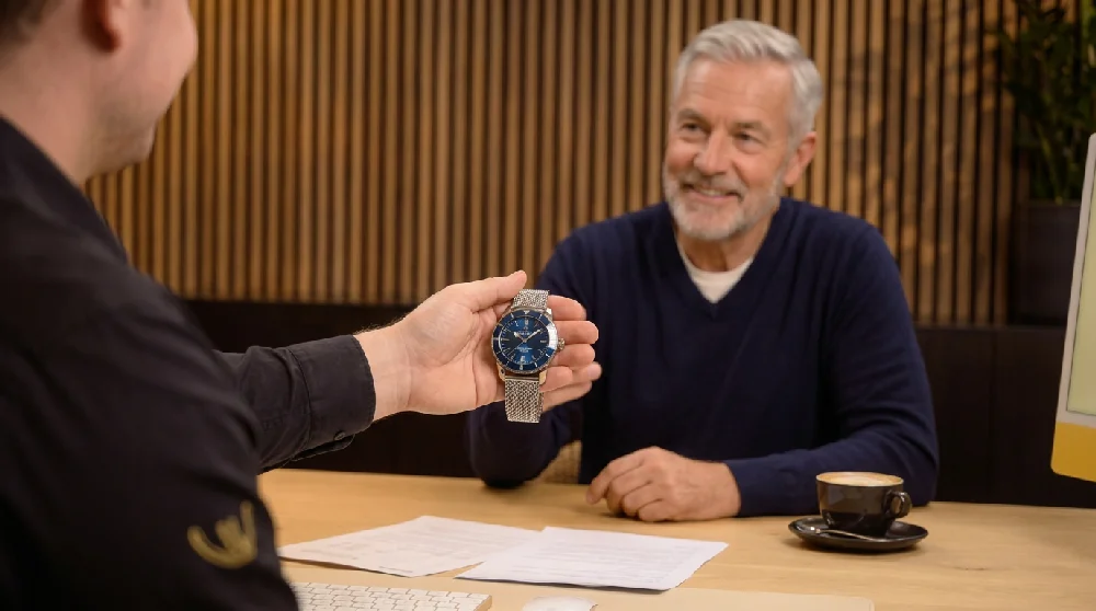 Iemand vult een online formulier in op een tablet. Dit met een afbeelding van een Breitling horloge ernaast.