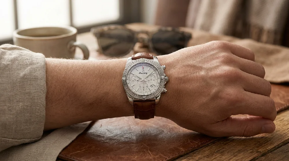 Een beveiligde kluis is op een kier. Daarin glinstert een Breitling horloge.
