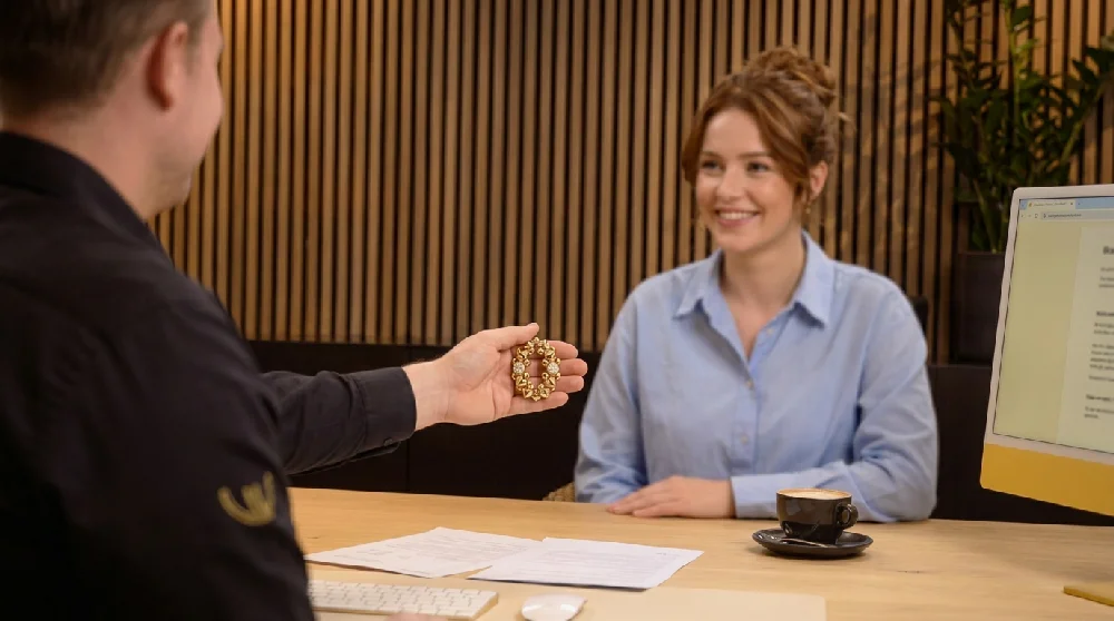 Vrouw met Cartier horloge vult online aanvraagformulier in.