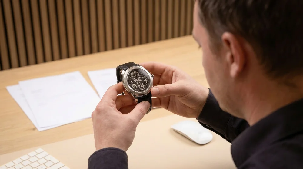 Expert inspecteert een Corum horloge tijdens een afspraak
