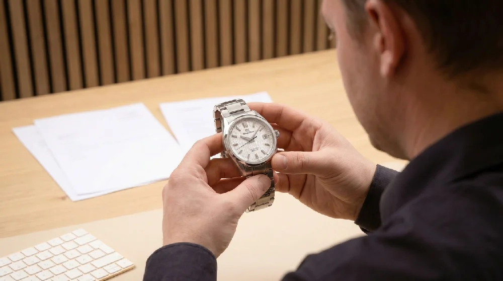 Horloge specialist inspecteert Grand Seiko Studio Shizukuishi tijdens een afspraak