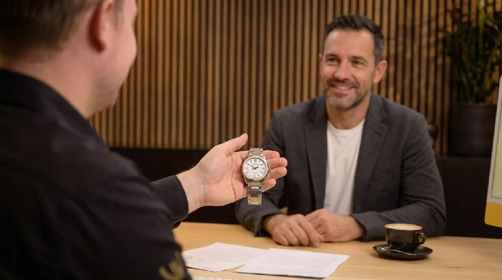 Persoon vult online aanvraagformulier in voor een Grand Seiko horloge.