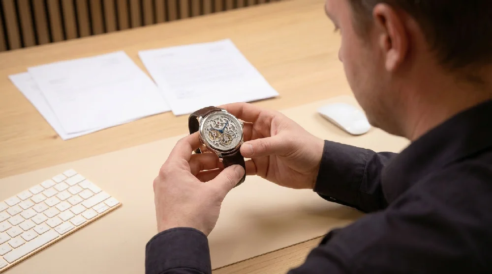 Horlogemaker inspecteert een F.P. Journe horloge met een loep