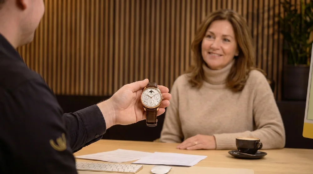 Persoon vult online formulier in voor IWC horloge taxatie. Digitale aanvraag.