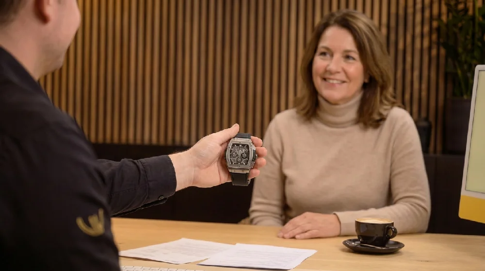Man vult online formulier in op tablet voor aanvraag taxatie Hublot horloge