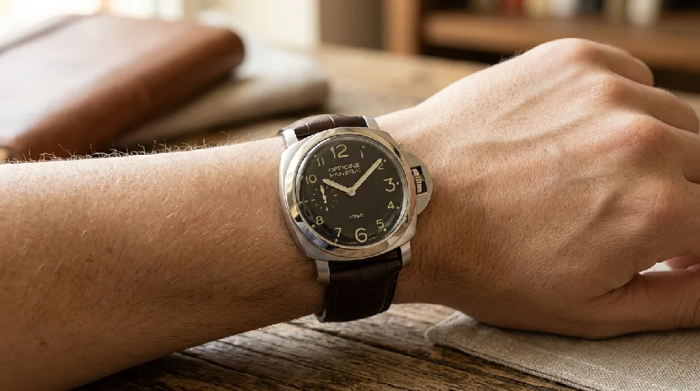 Kluisdeur van een bank met een glimmend Panerai Radiomir horloge.