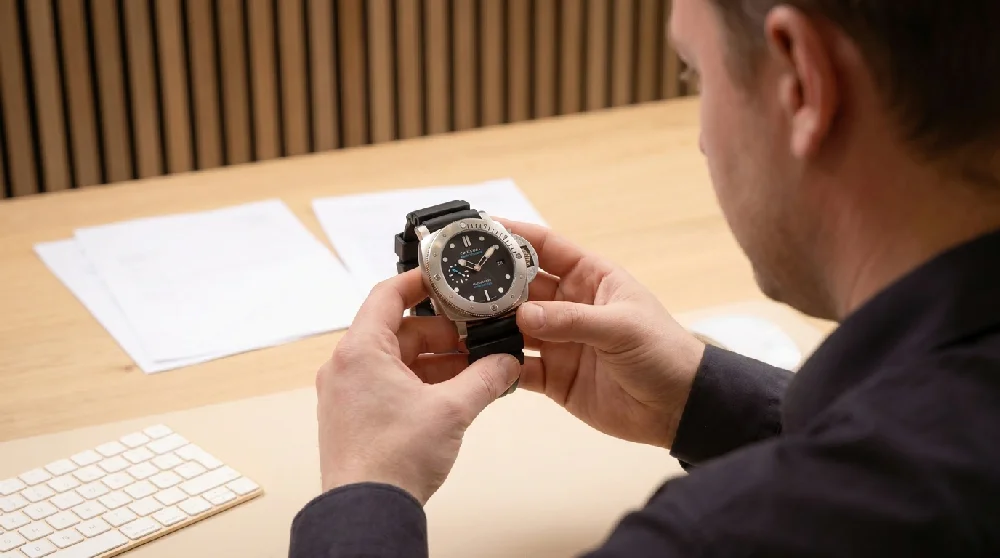 Horlogemaker inspecteert een Panerai Submersible horloge met een loep