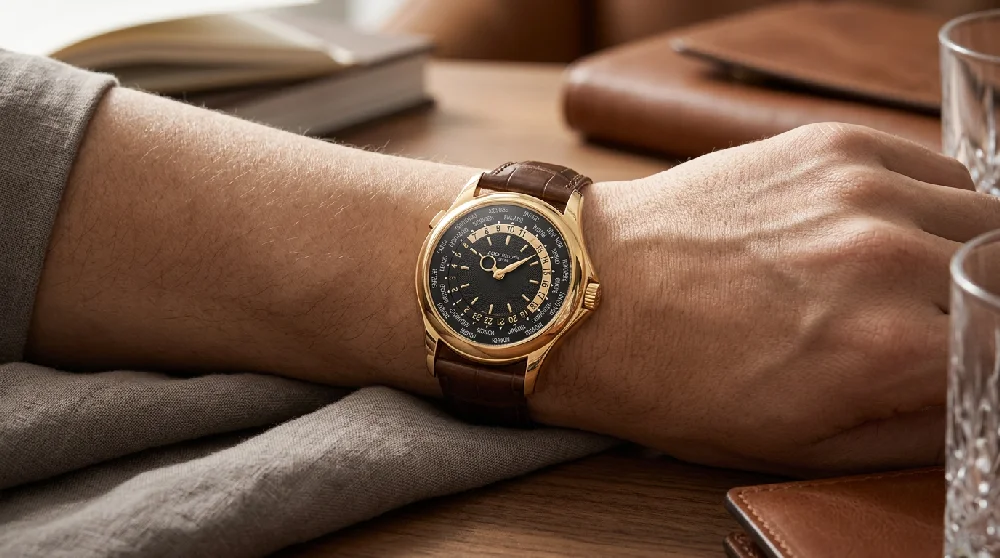 Luxe Patek Philippe horloge met een lederen band plat liggend op een donkere ondergrond