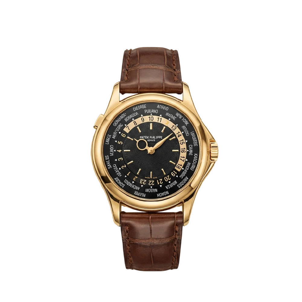 Exclusief Patek Philippe luxe horloge met een gouden kast en een donkere lederen horlogeband