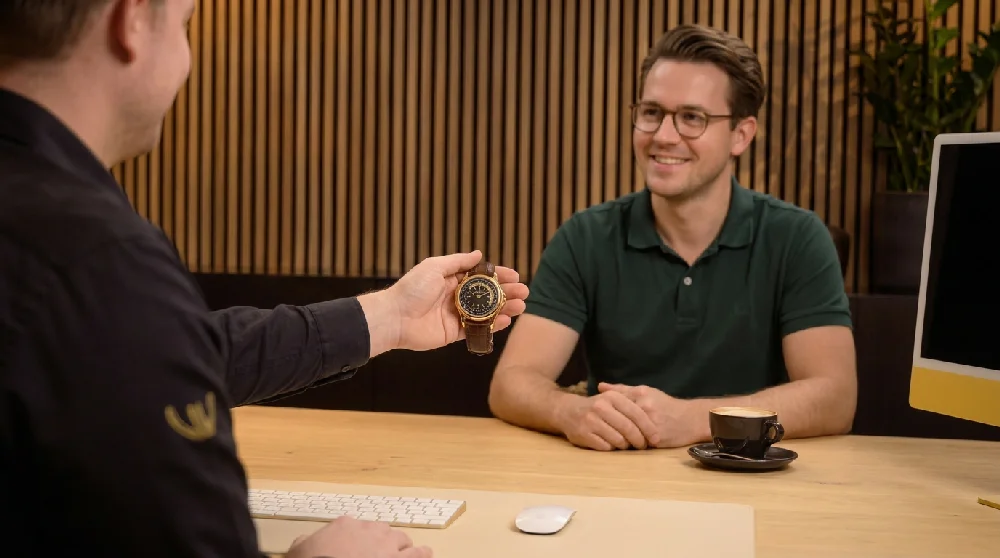 Horizontale weergave van een klassiek Patek Philippe herenhorloge met lederen band