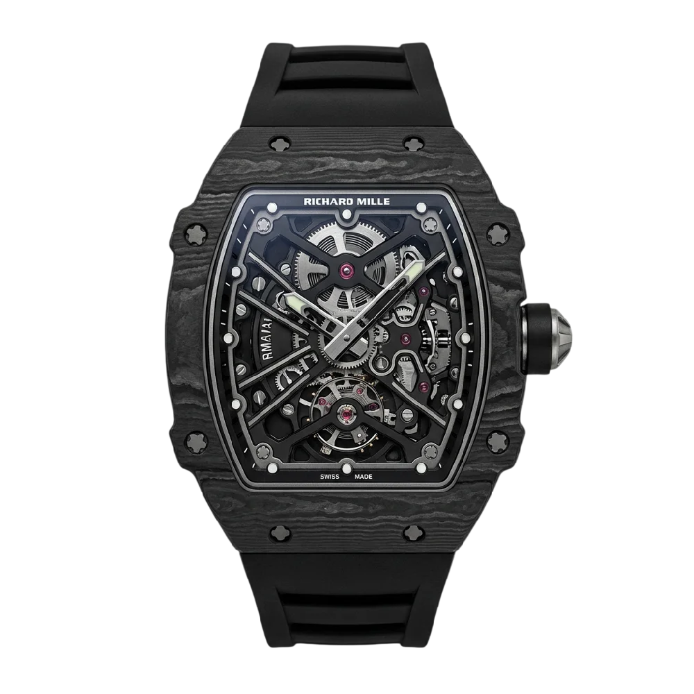 Exclusief Richard Mille luxe horloge met een opengewerkt mechanisme en de kenmerkende tonneau-vormige kast