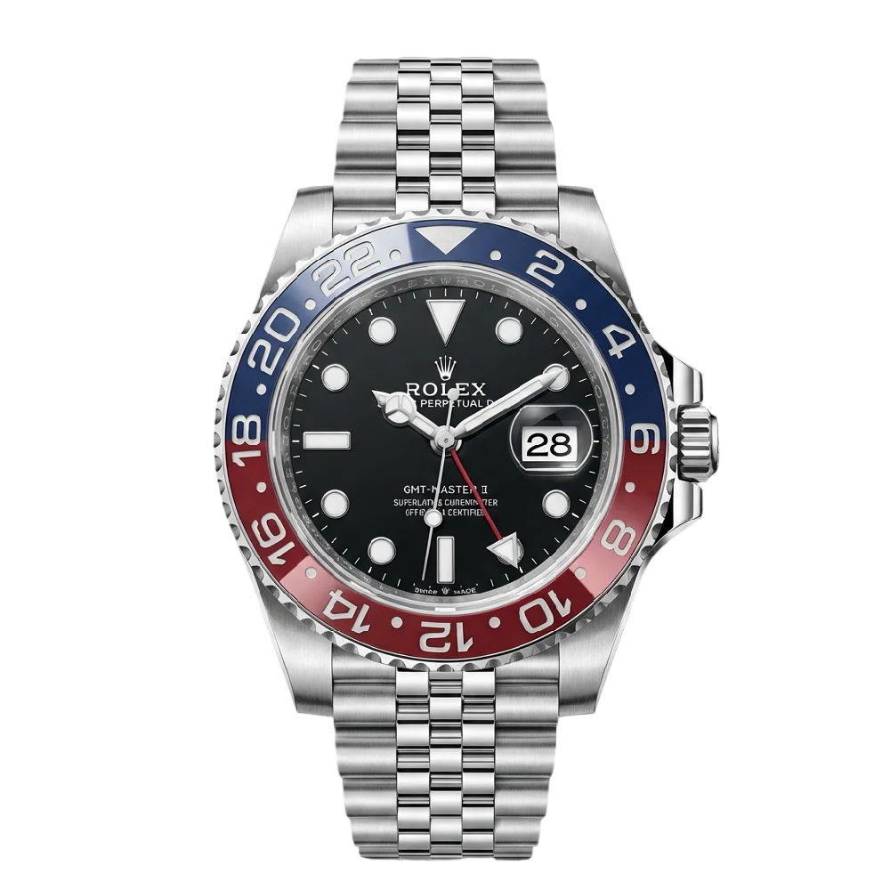 Close-up van een Rolex horloge met gouden accenten en leren band