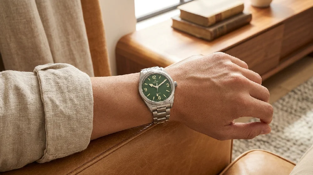 Luxe Tudor herenhorloge plat liggend op een donkere, reflecterende ondergrond