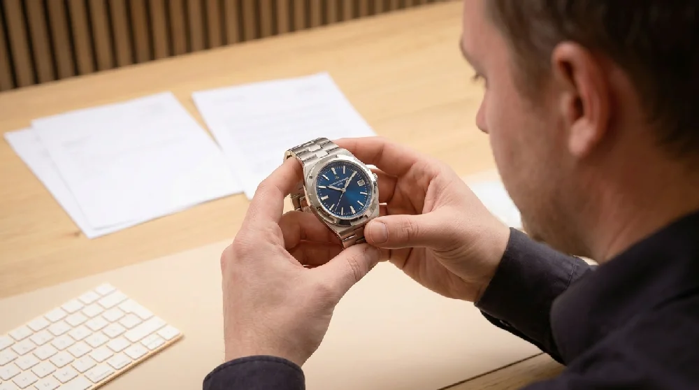 Close-up van de horlogekast en stalen band van een exclusief Vacheron Constantin horloge