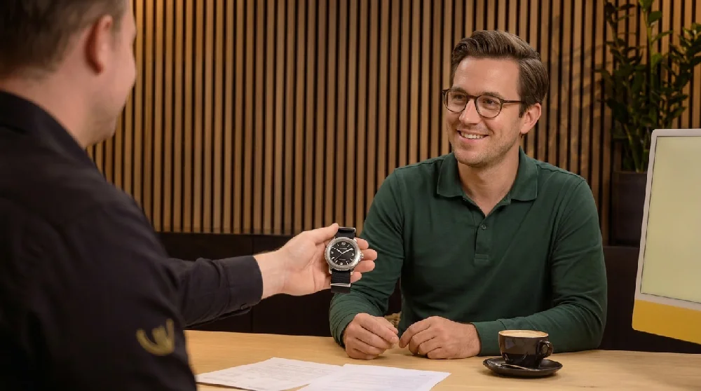 Laptop met geopend online aanvraagformulier voor horloge verpanden.
