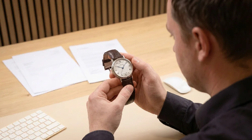 Horlogemaker inspecteert een Breguet Classique horloge onder een loep. Focus op wijzerplaat.