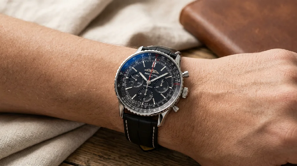 Breitling Navitimer in een beveiligde kluis, glanzend en beschermd.