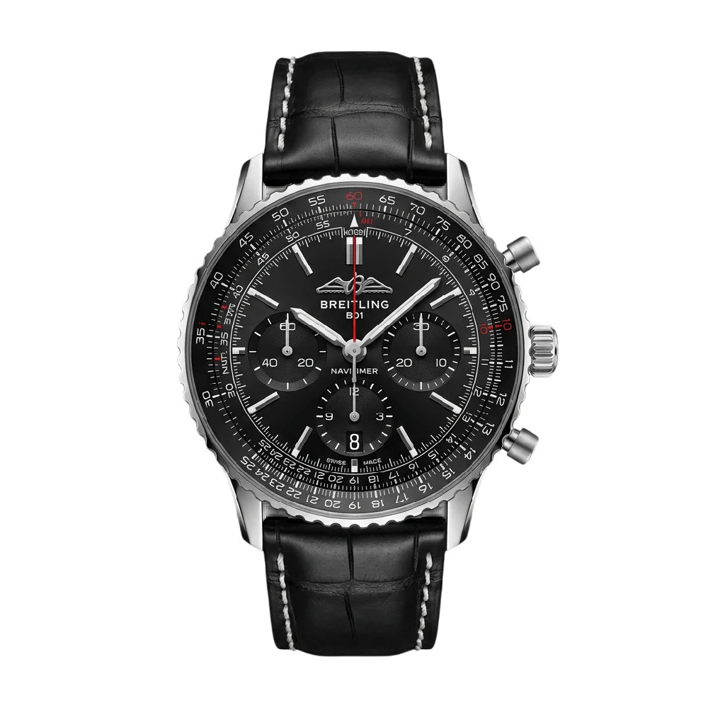 Breitling Navitimer horloge, chronograaf, stalen band, blauwe wijzerplaat, op een donkere achtergrond.