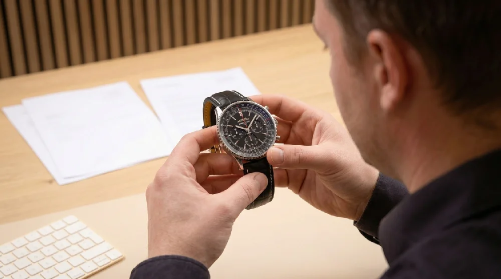 Gedetailleerde inspectie van een Breitling Navitimer door een horloge-expert.
