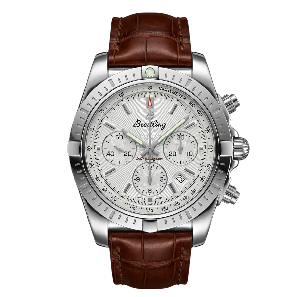 Breitling Premier horloge van staal met leren band en chronograaf op een witte achtergrond