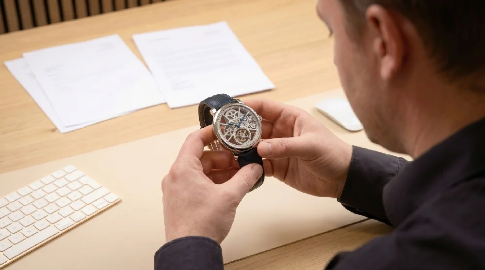 Horlogemaker inspecteert een Cartier horloge met een loep.