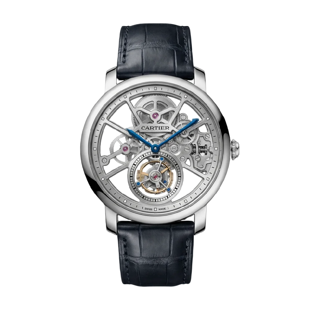 Close-up van een zilverkleurige Cartier Rotonde met lederen band.