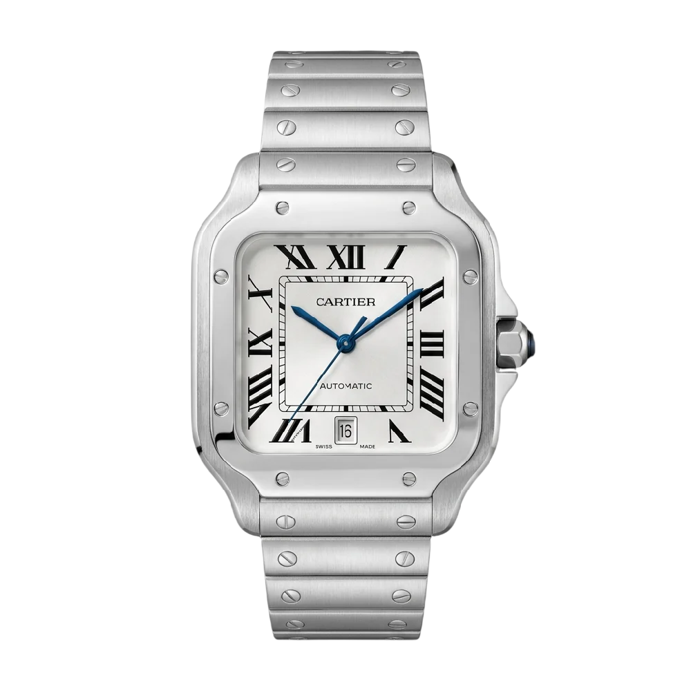 Cartier Santos horloge met stalen band en vierkante kast op een donkere achtergrond.