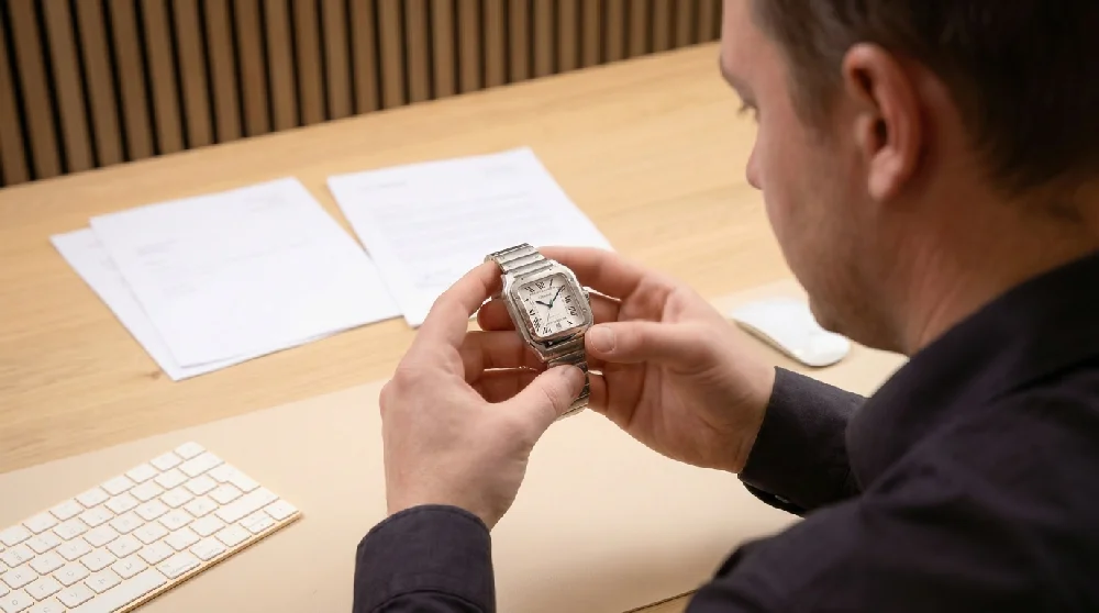 Man en vrouw bekijken een Cartier Santos horloge aan tafel.