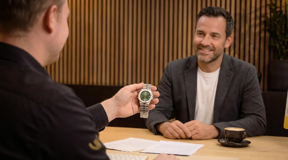 Persoon vult online aanvraagformulier in voor horloge verpanding.
