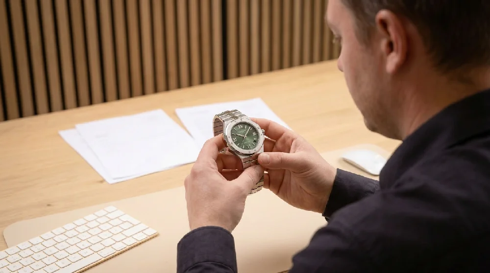 Horlogemaker inspecteert een Chopard Alpine Eagle bij taxatie.