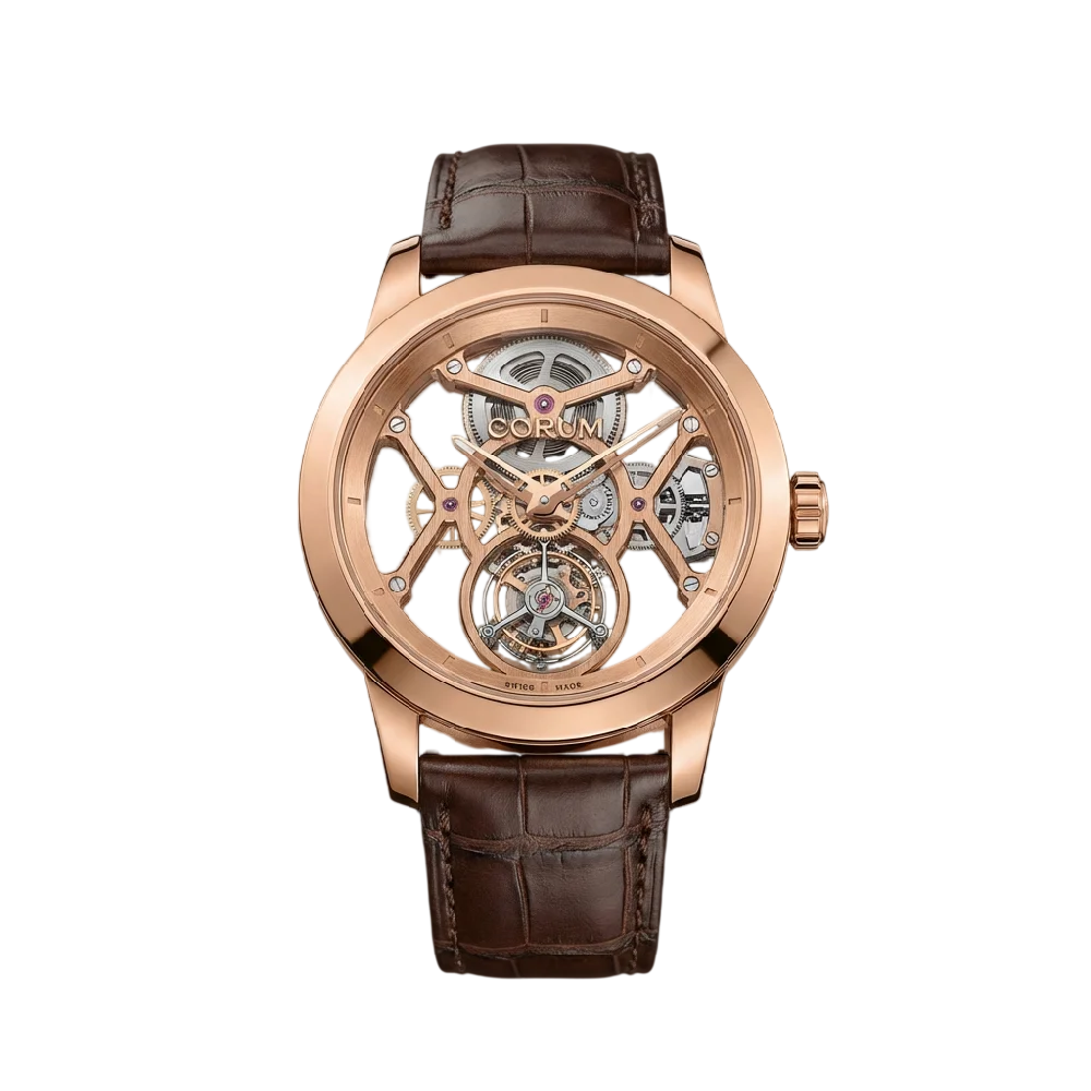 Corum Golden Bridge horloge met zichtbaar uurwerk op een donkere achtergrond