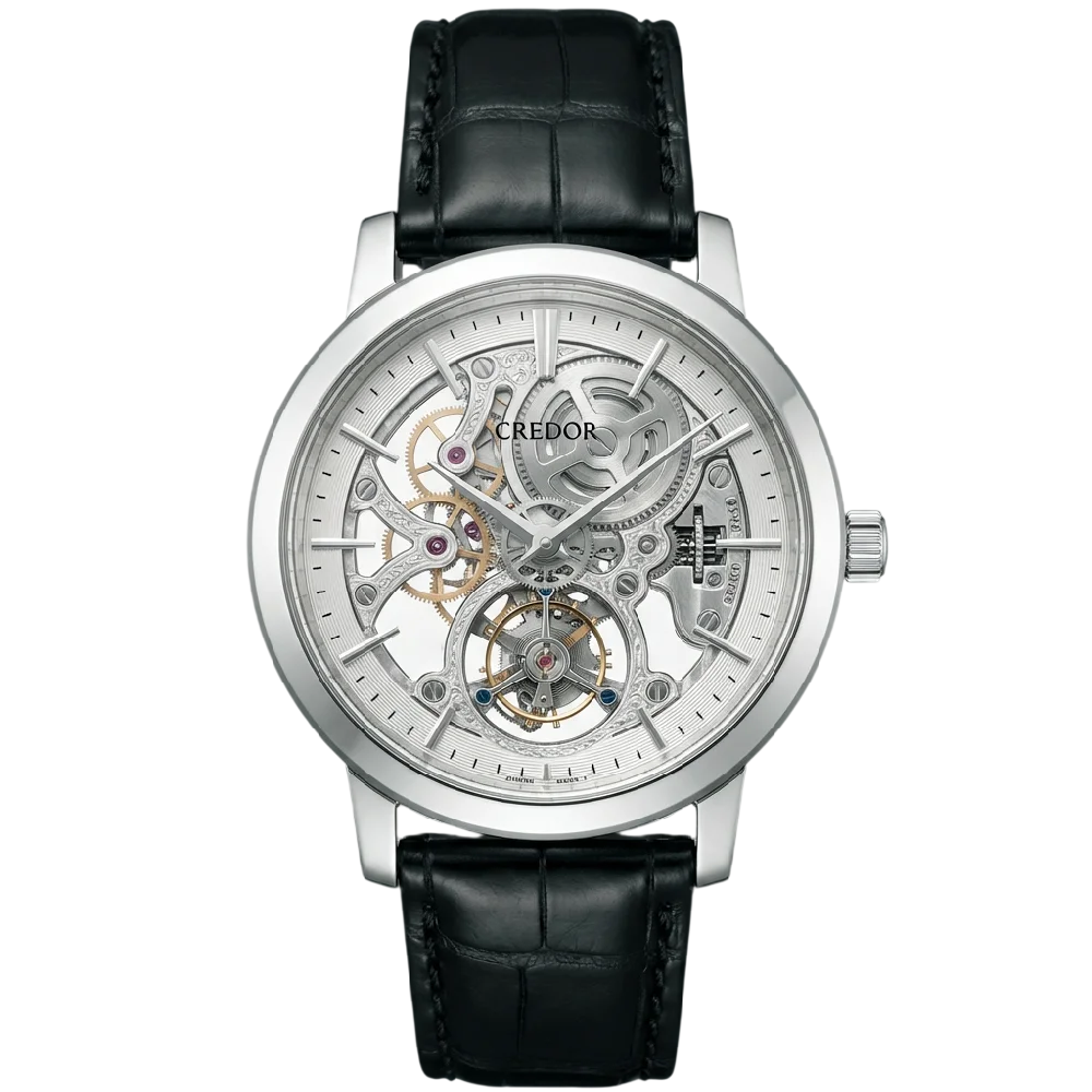 Credor Node horloge op een donkere ondergrond, Japans design