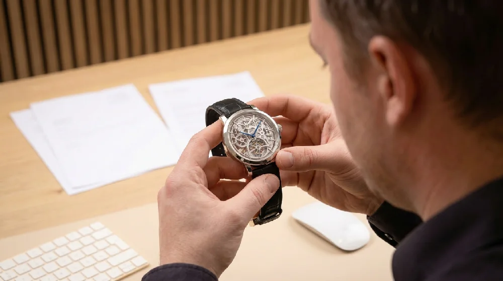 Handen bekijken een Credor Signo horloge tijdens een taxatieafspraak.