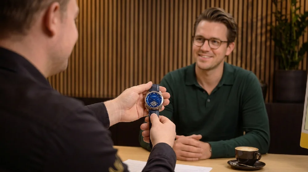 Iemand vult online een formulier in voor het verpanden van een De Bethune horloge.
