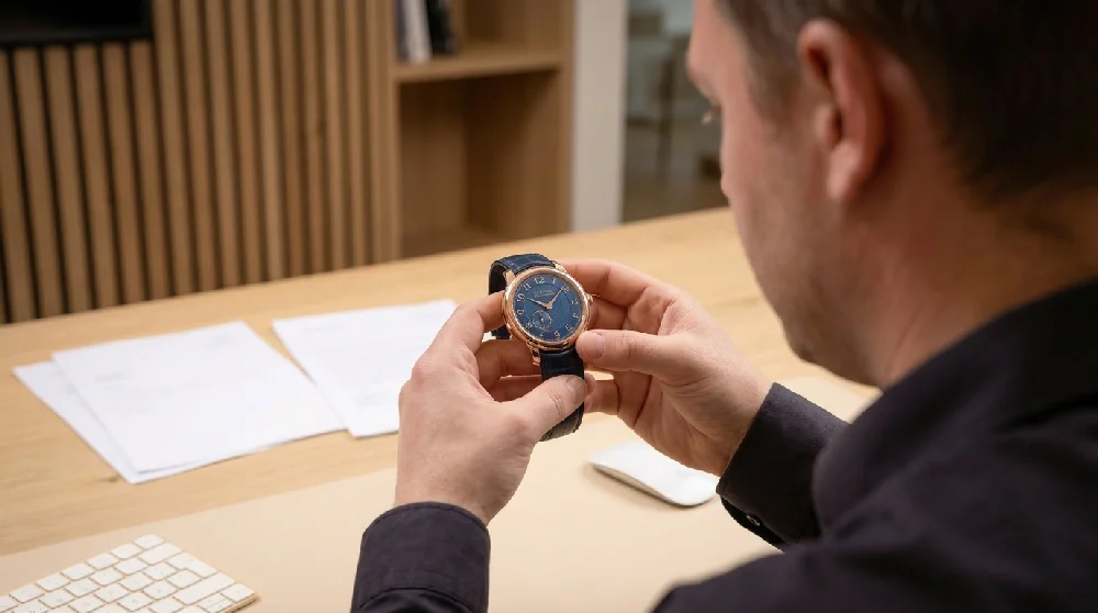 Horlogespecialist beoordeelt F.P. Journe Chronomètre tijdens afspraak.