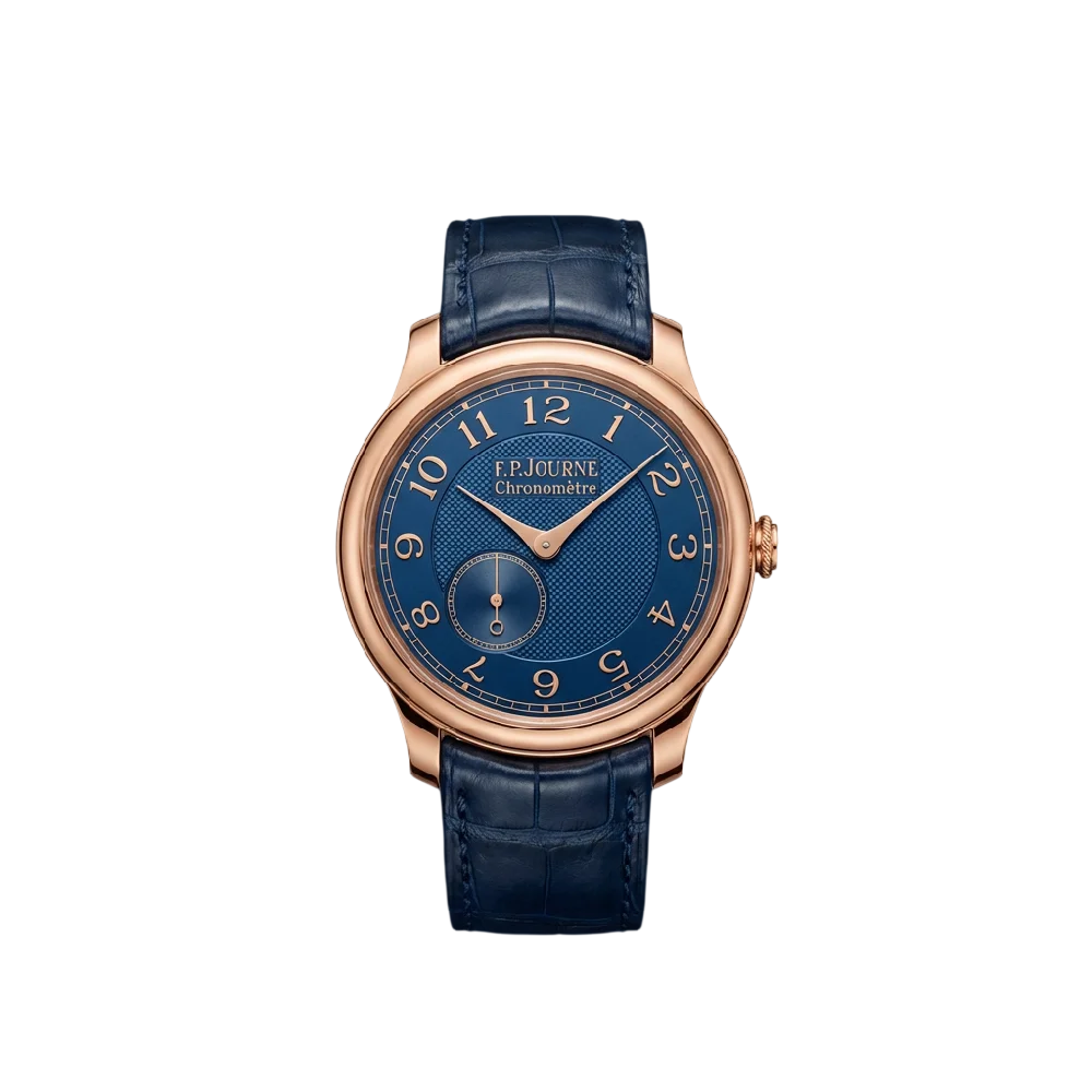 F.P. Journe Chronomètre horloge met lederen band op donkere achtergrond.