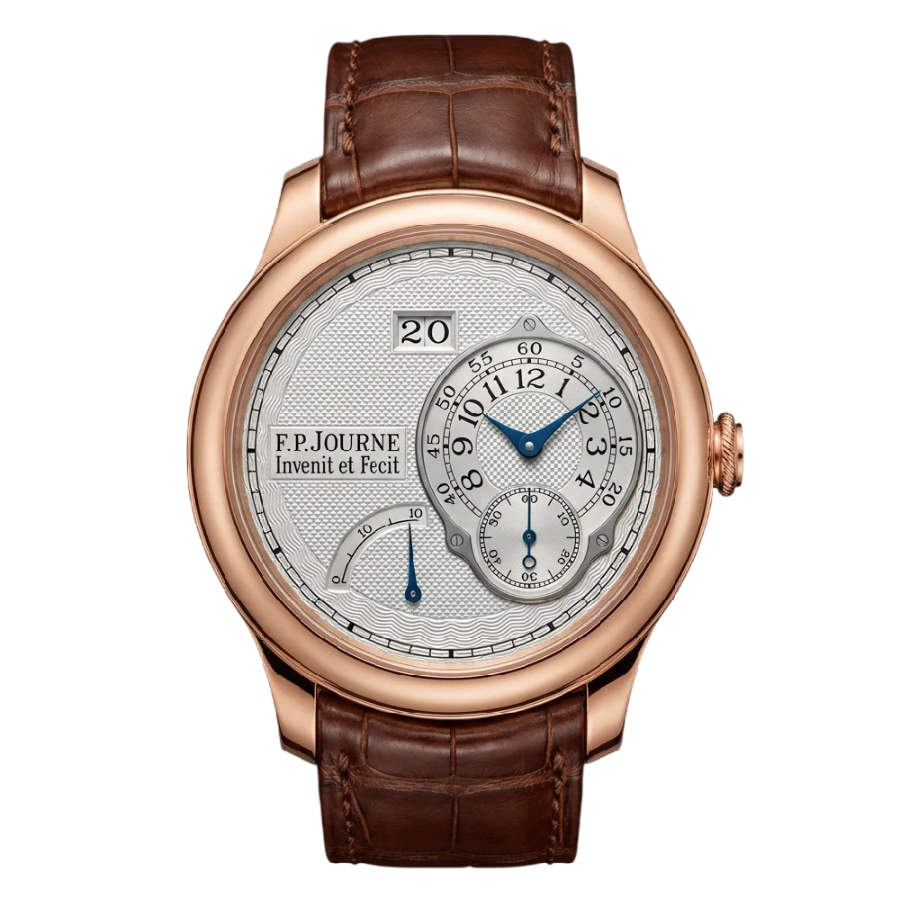 Close-up van een F.P. Journe Octa horloge op een donkere achtergrond.