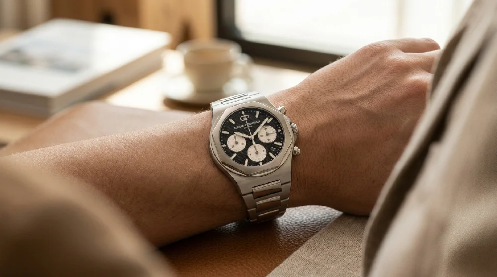 Luxe Girard-Perregaux sporthorloge liggend op een donkere ondergrond