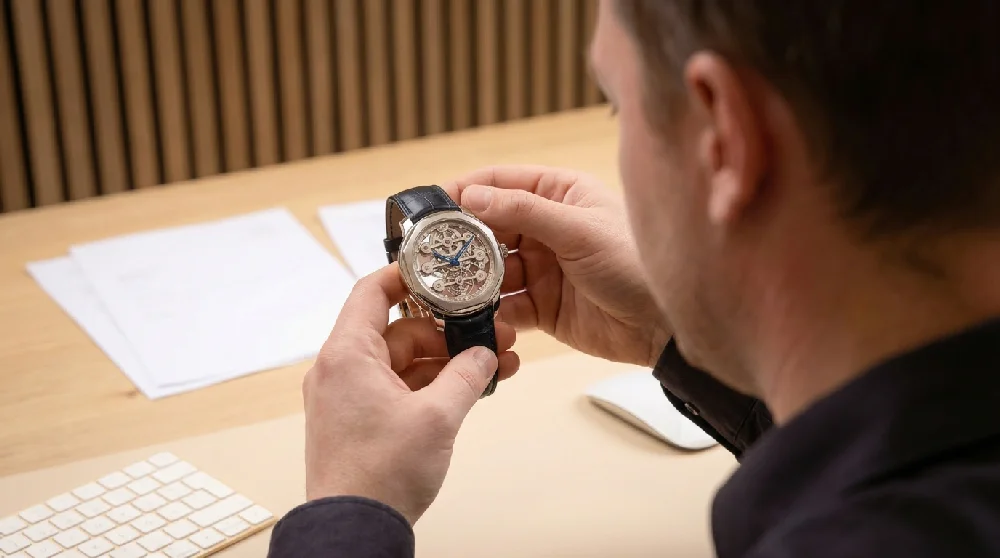 Close-up van het verfijnde uurwerk van een Girard-Perregaux horloge