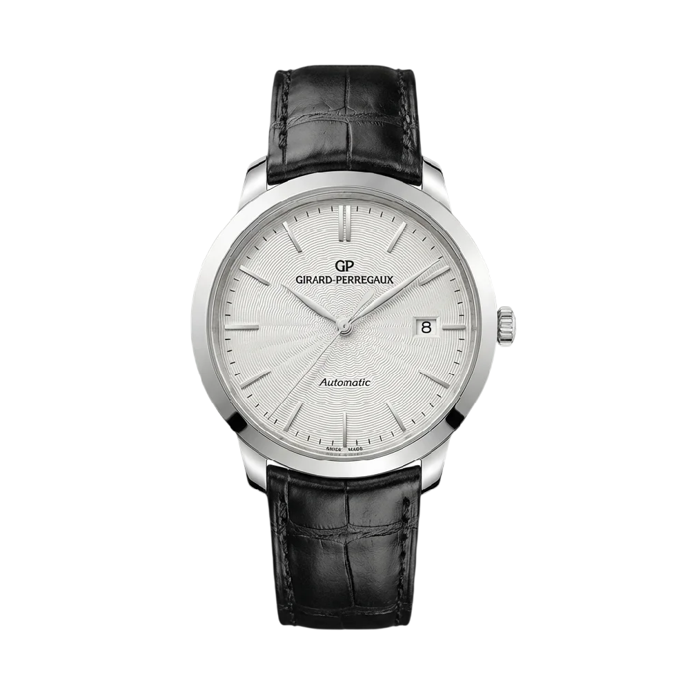 Girard-Perregaux 1966 horloge met lederen band op donkere achtergrond