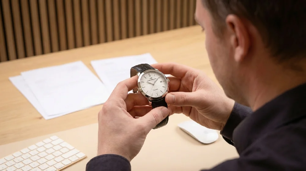 Handen die een horloge keuren tijdens een afspraak